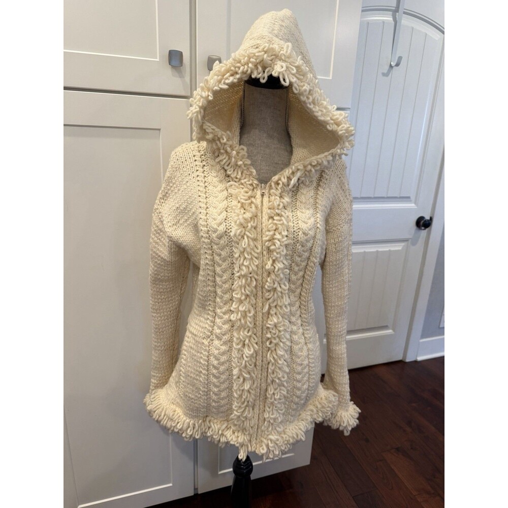 Sisandina Womens Wool Sweater Jacket Ivory Hooded Cable Knit Ecuador Boho S M